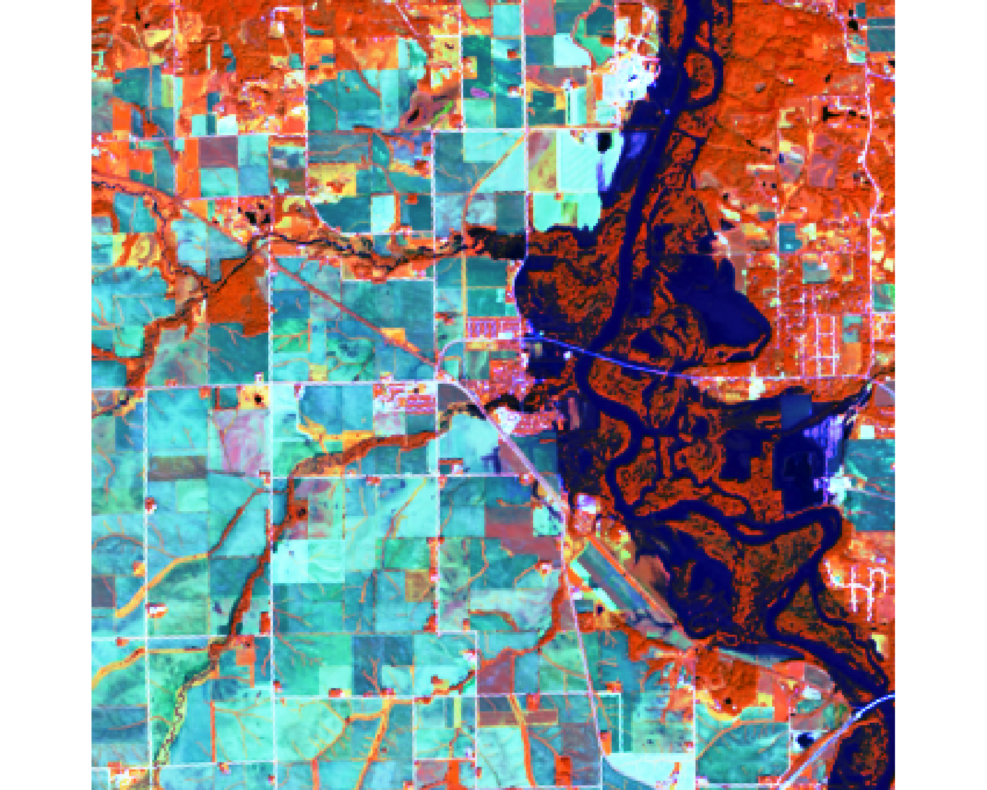 **Figure 3:** (5, 6, 4) False color with a histogram color stretch. False color is good at seperating water from land in an image.